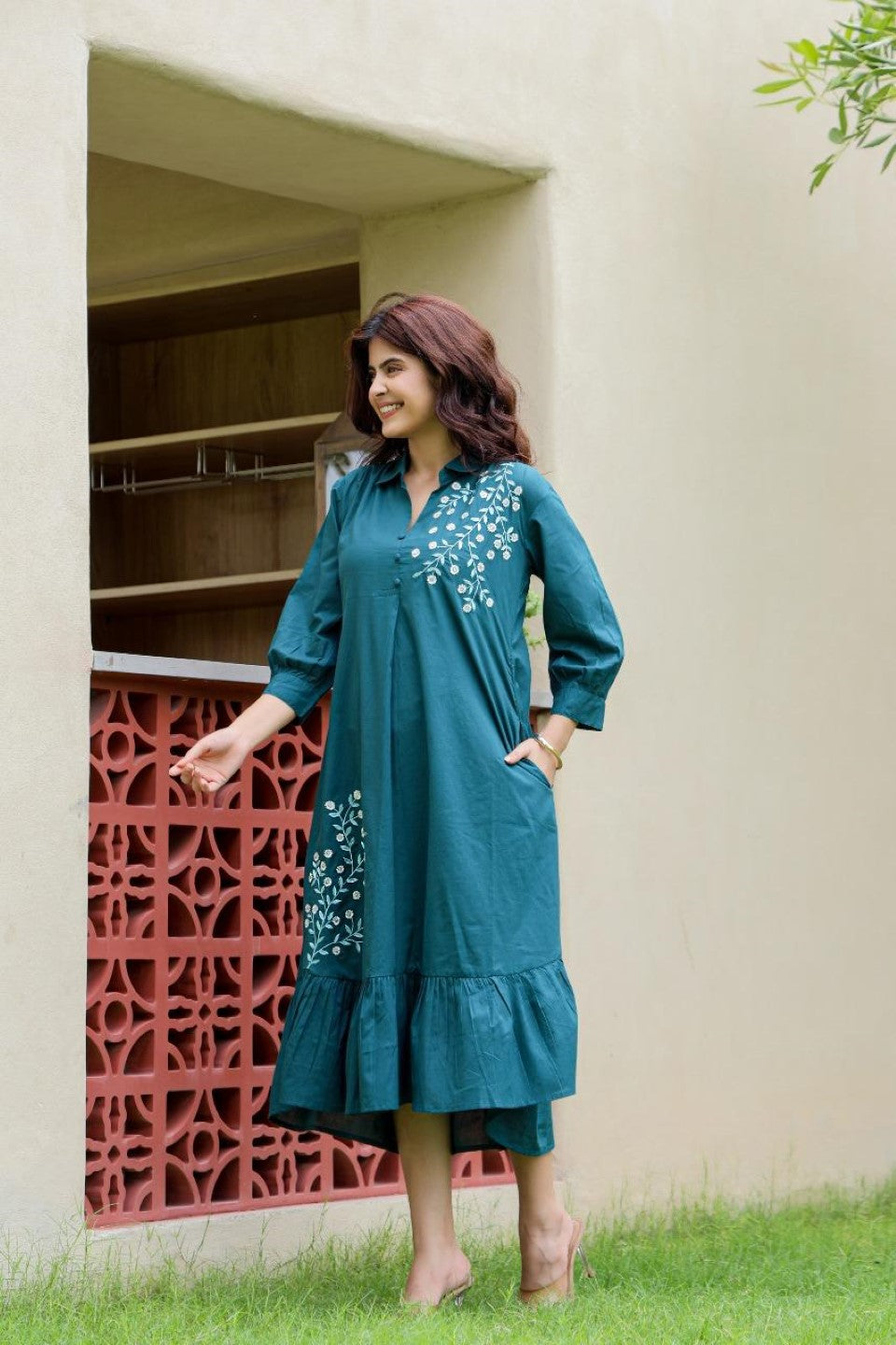 Esmera peacock embroidery cotton dress