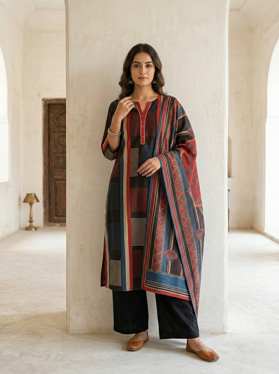 Swades ebony cotton printed suit set