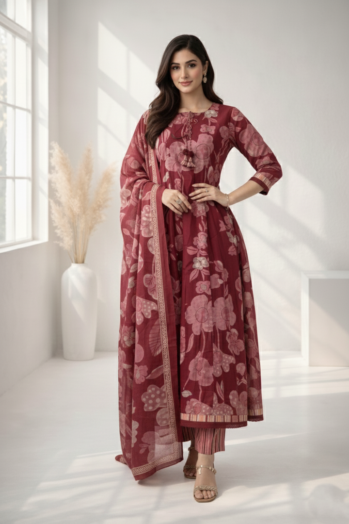 Ridhika Merlot Printed Cotton Suit Set