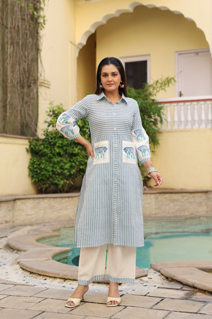 Dyna Azure Printed Stripe Kurta Pant Set