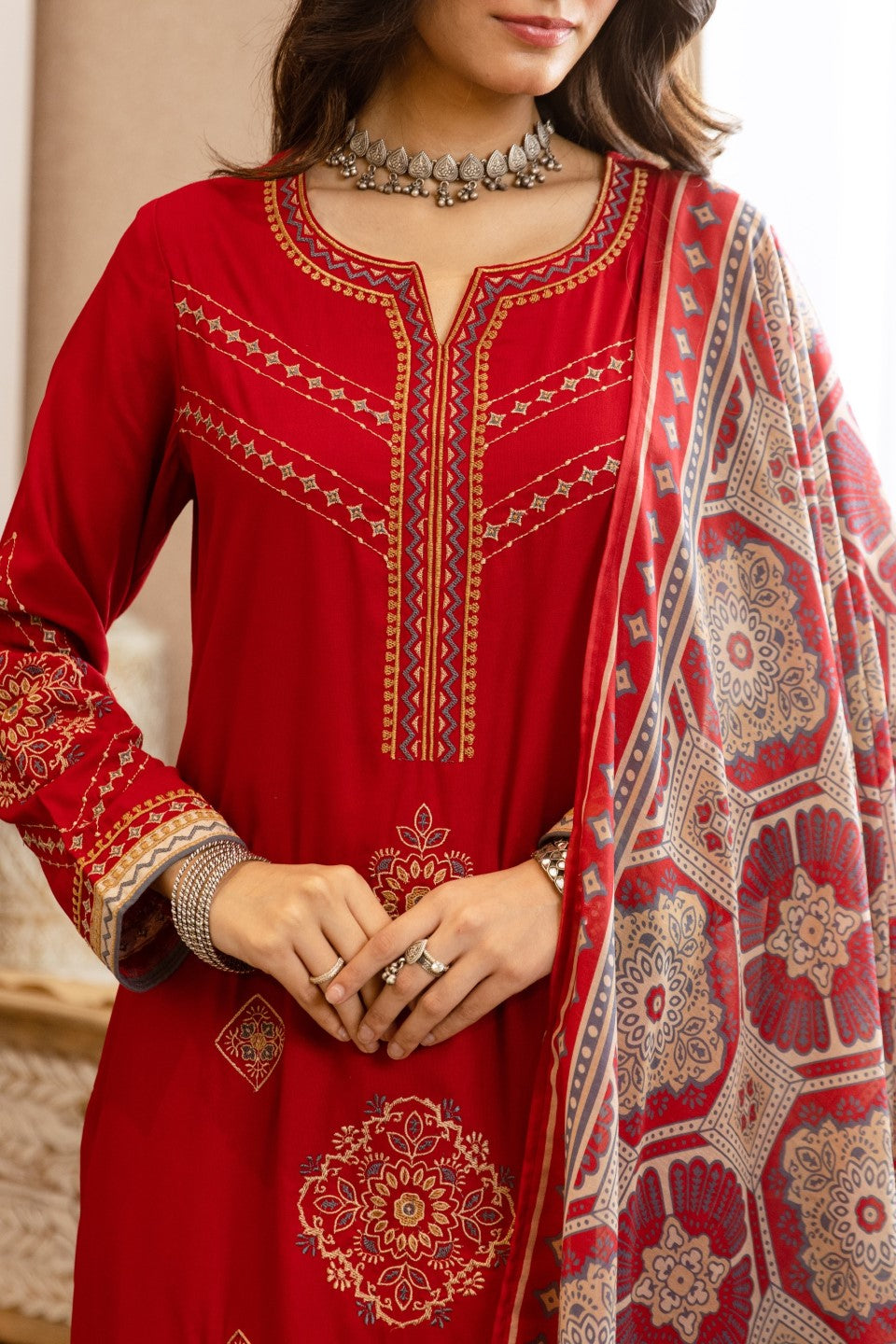 Karen Crimson Embroidery Cotton Suit set