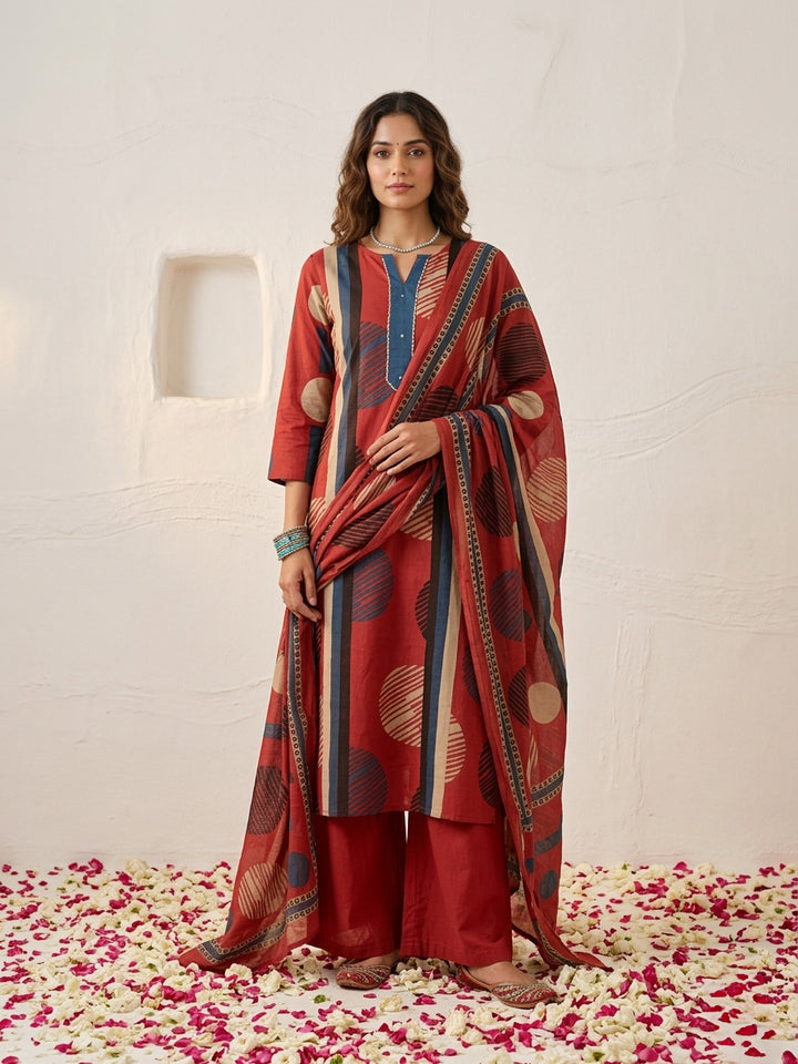 Swades crimson printed cotton suit set