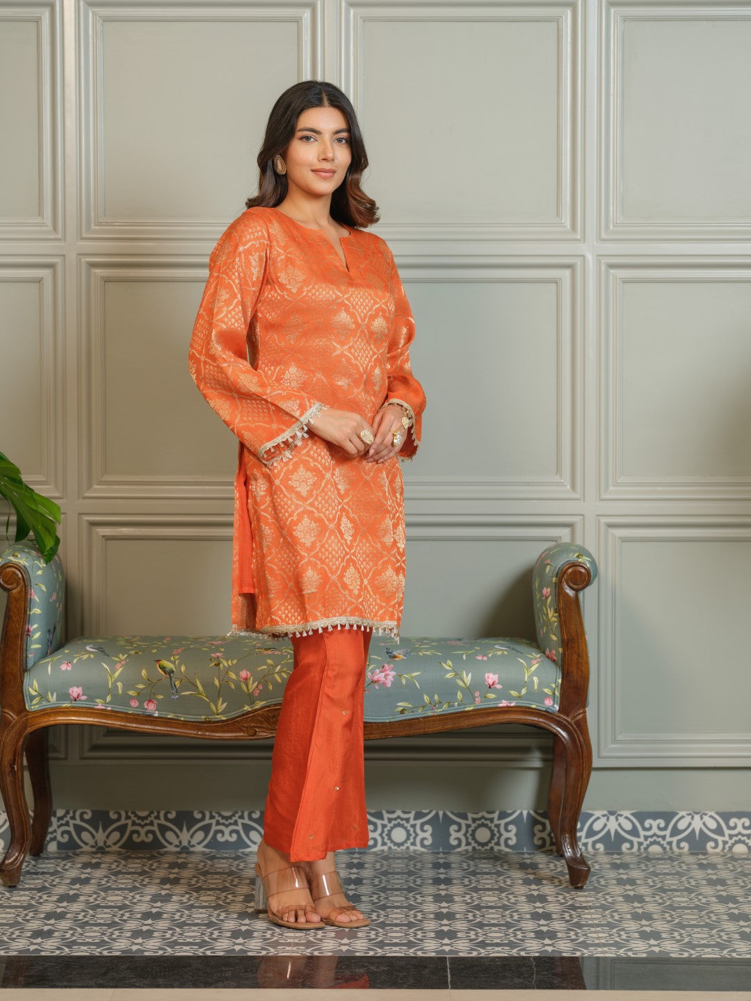 Palash Tangerine Jacquard Top Co-ord Set