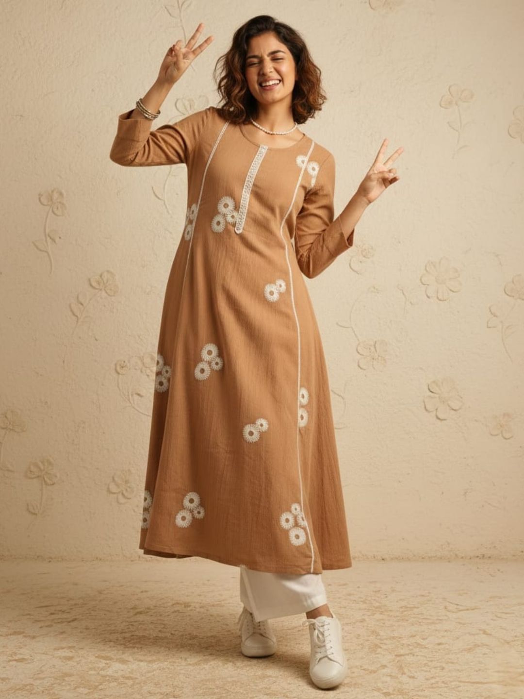 Swades tan cotton embroidery kurta