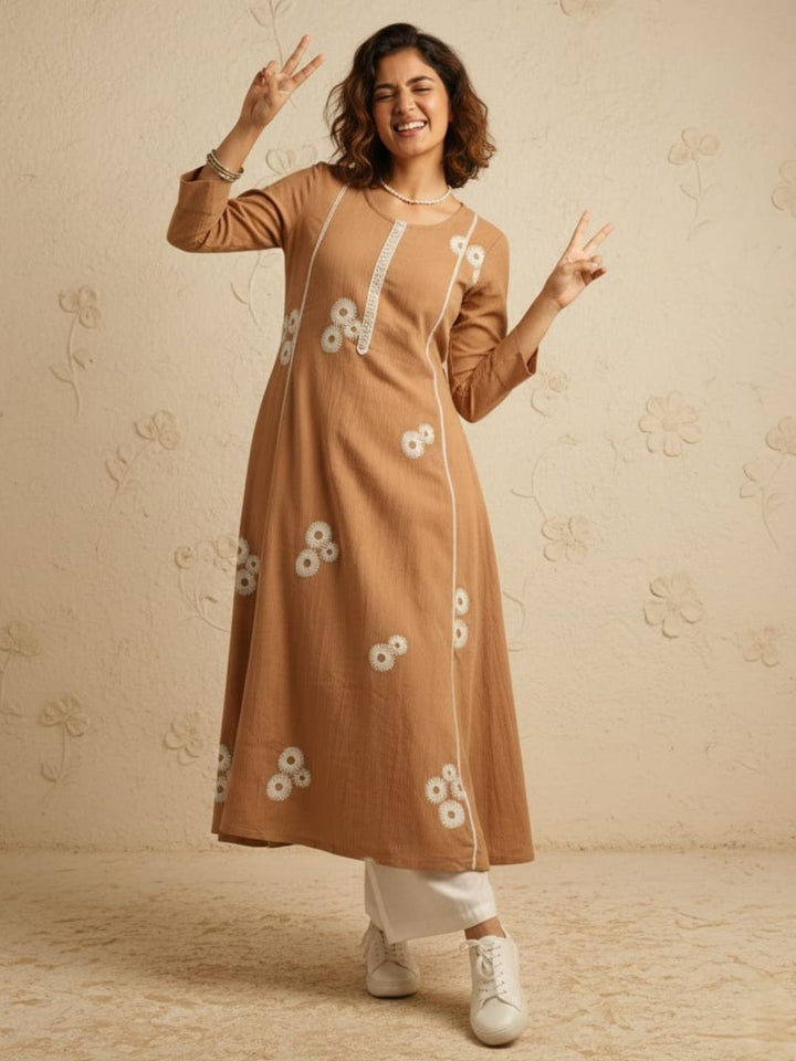 Swades tan cotton embroidery kurta