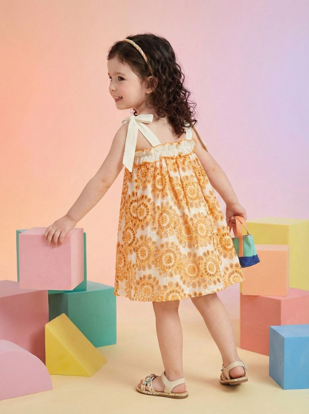 Joy coral schiffli cotton kids dress