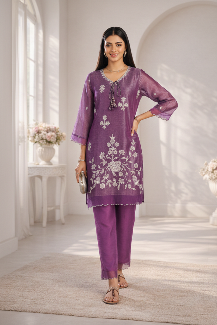 Anumeha Plum Full Work co-ord set