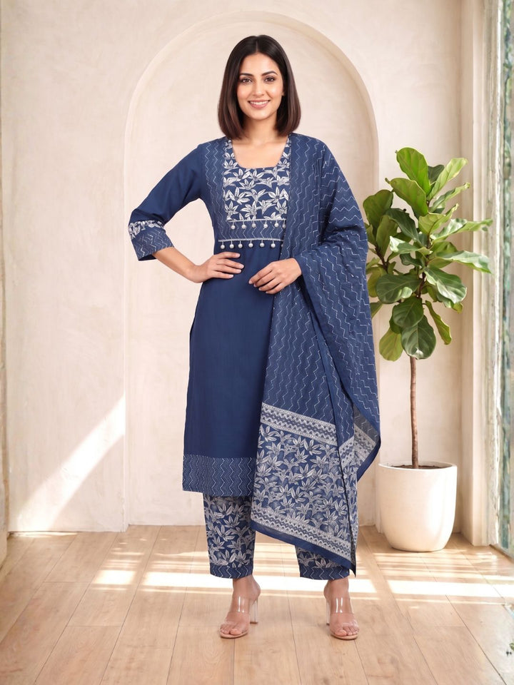 ARANYA INDIGO IKAT PRINT PURE COTTON SUIT SET
