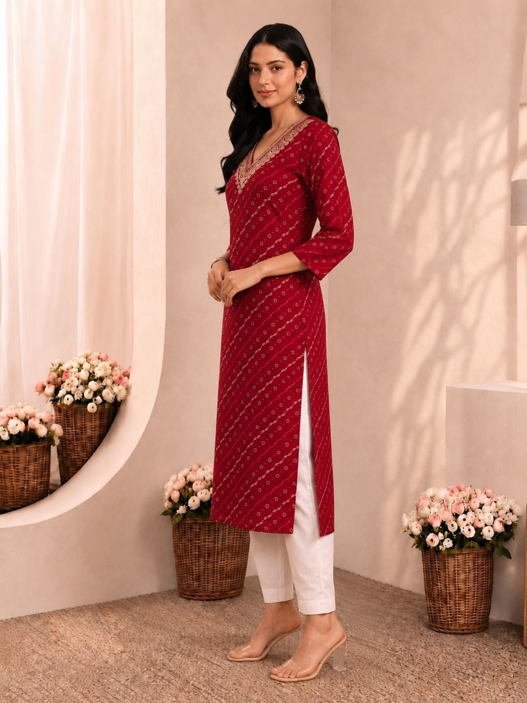 Medha Carmine Printed Work Kurti
