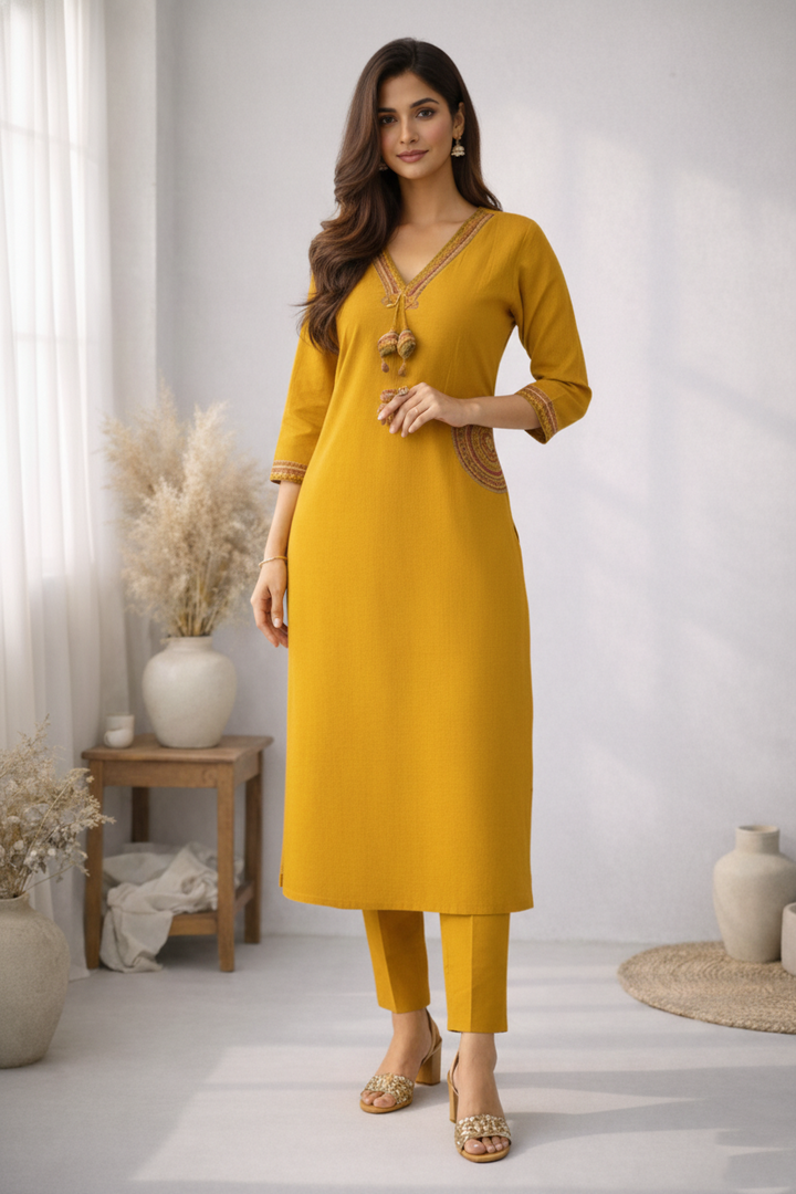 Rushali Mustard Embroidered Kurta Pant Set