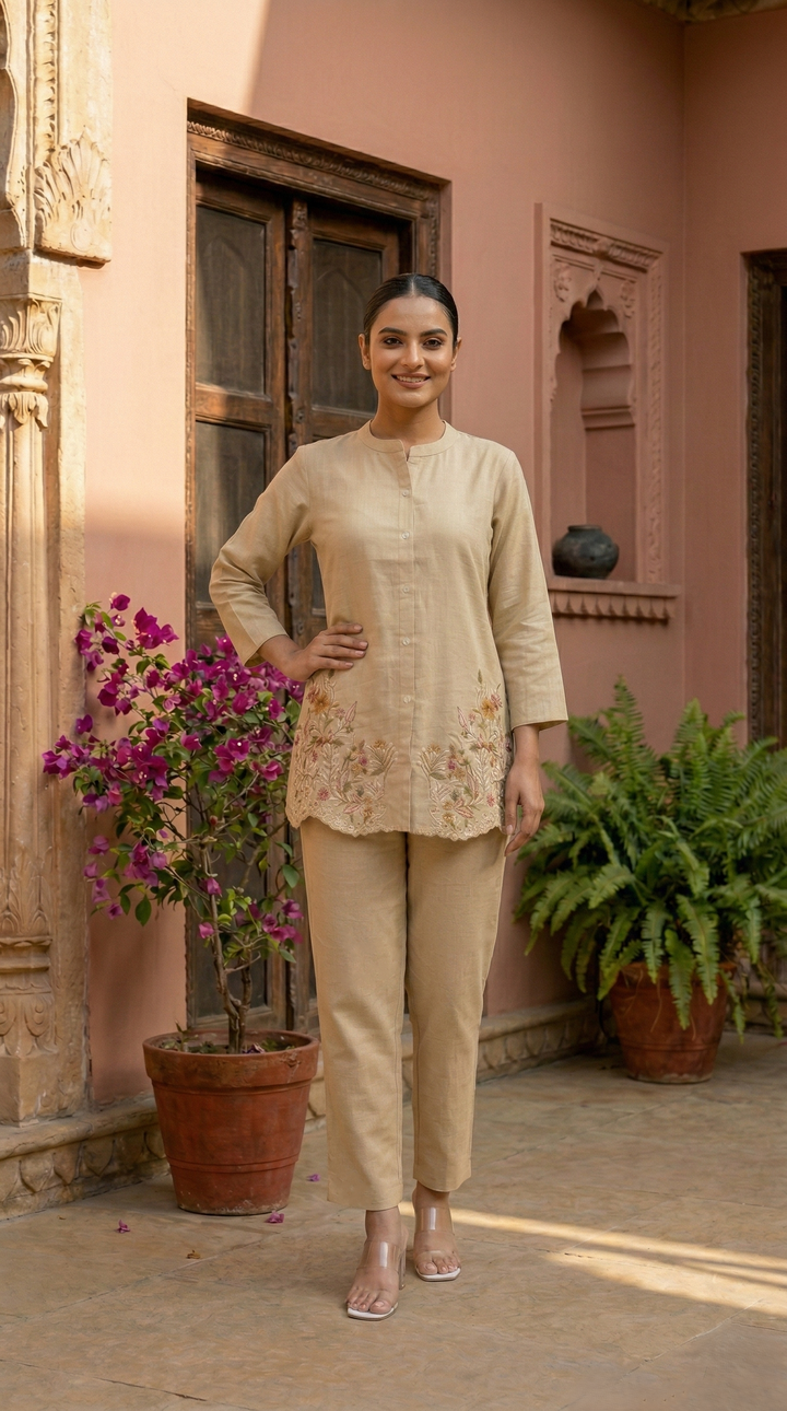 Viyona tan embroidery cotton co-ord set