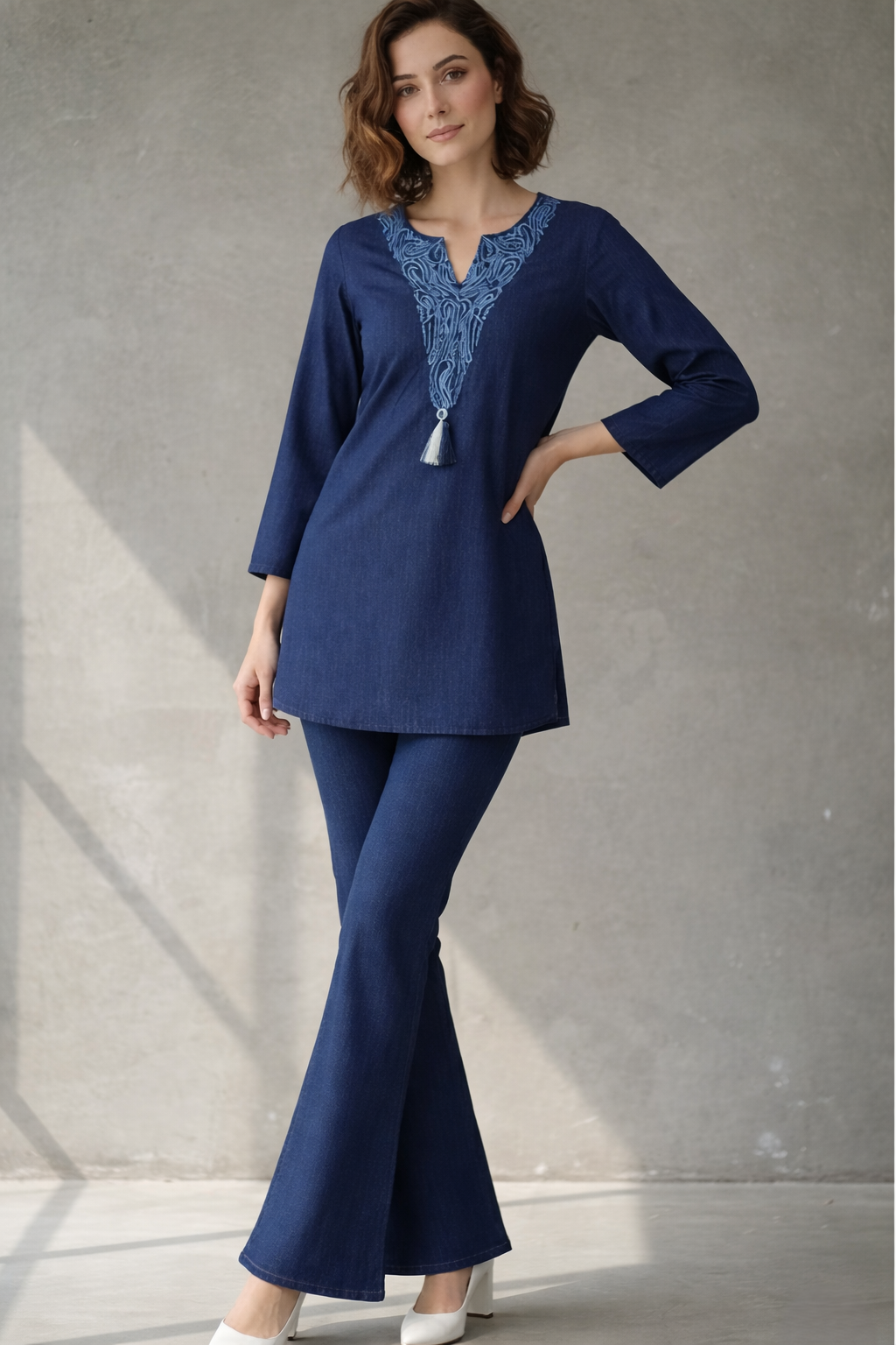 Prisha lapis denim embroidery co-ord set