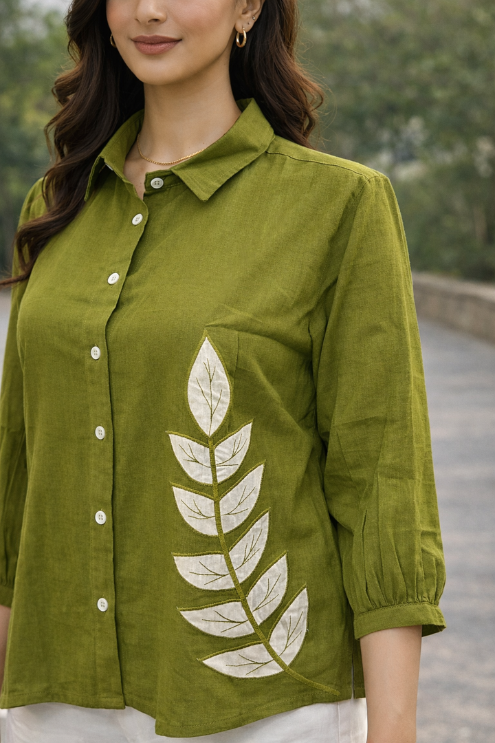 Anvika Olive Cotton Applique Shirt
