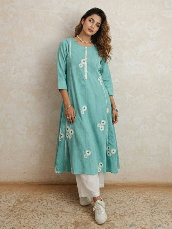 Swades softblue embroidery cotton kurta pant set