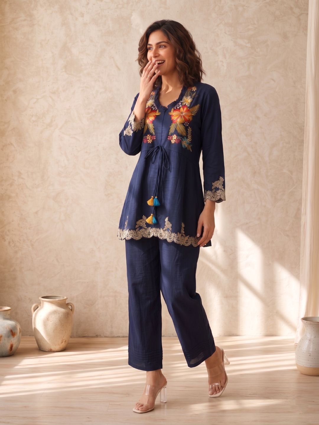 Gaur navy embroidery premium co-ord set