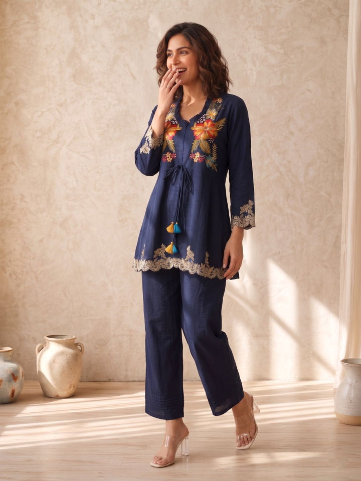 Gaur navy embroidery premium co-ord set