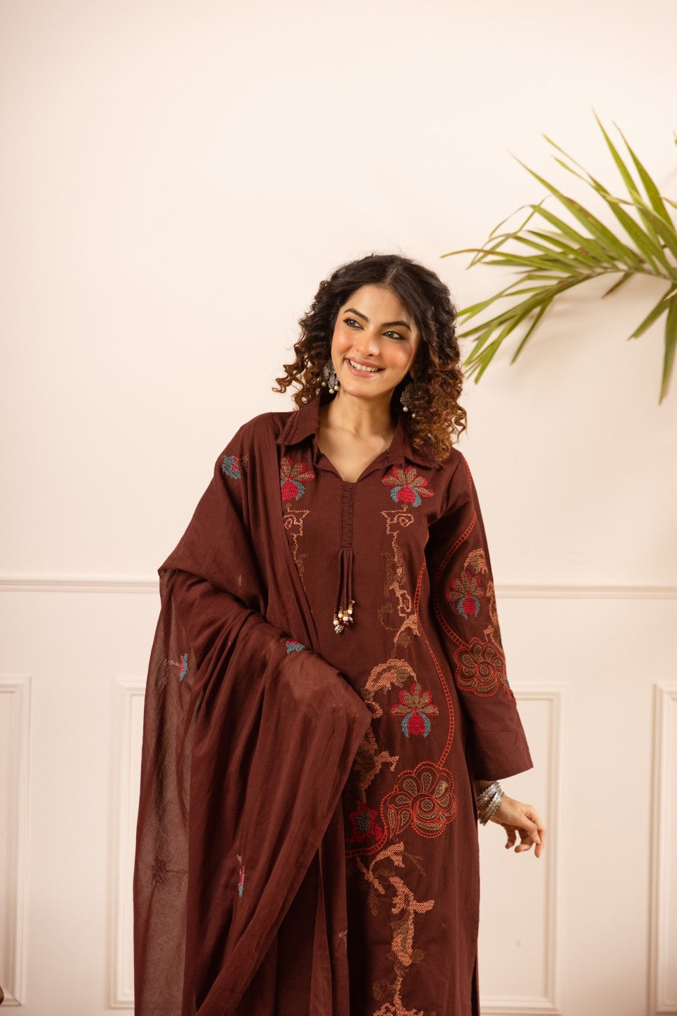 Karen chestnut embroidery cotton suit set