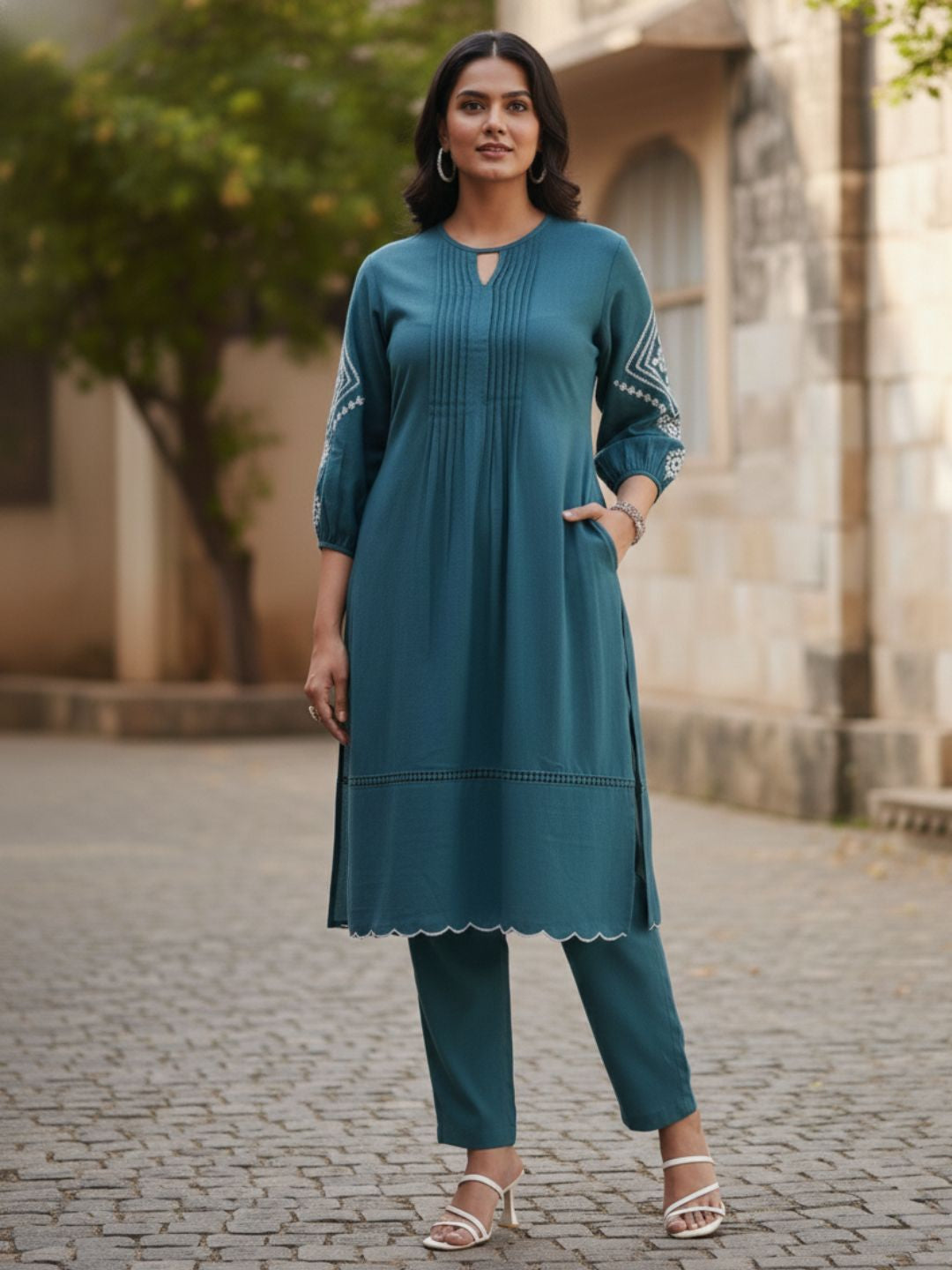 TUSHKI TEAL COTTON COMFY KURTA PANT SET