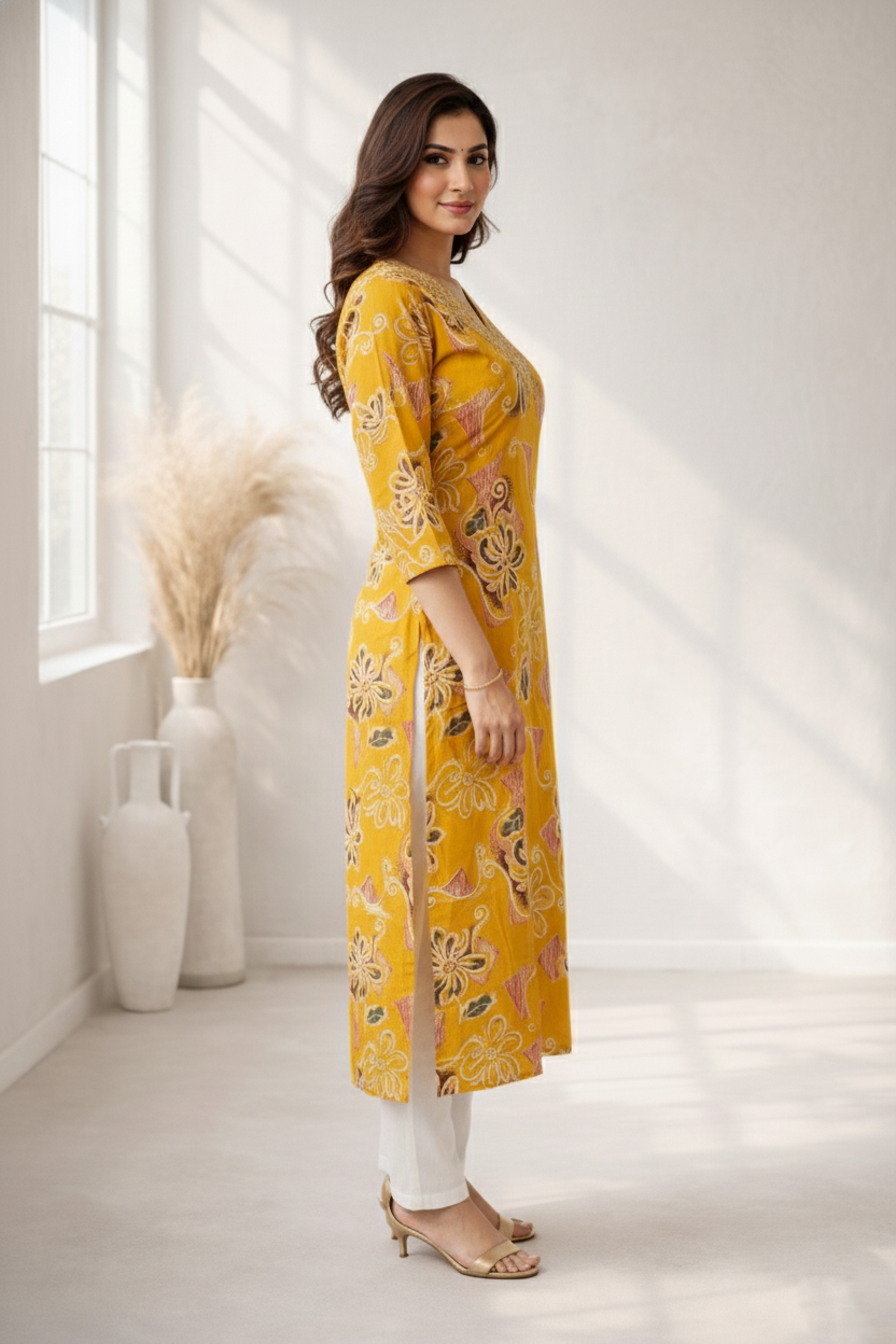 Barnali Mustard Printed Work Kurti
