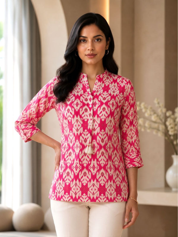 UMA SALMON PRINTED COTTON SHORT TOP