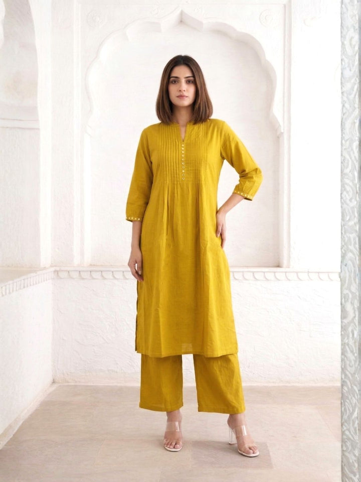 Sarika Gold Cotton Work Kurta Pant Set
