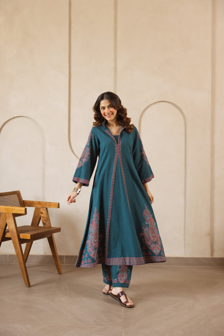 Karen cyan printed kurta pant set