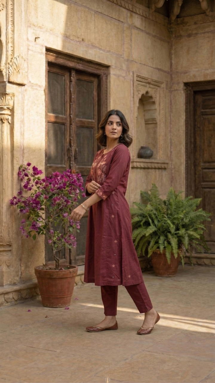 Chandri Salmon Embroidered Kurta Pant Set
