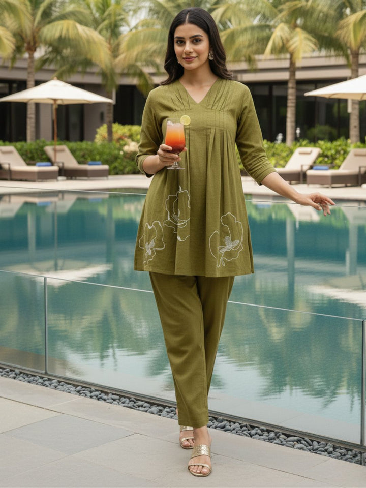 Raya Olive Cotton Embroidered Co-ord Set
