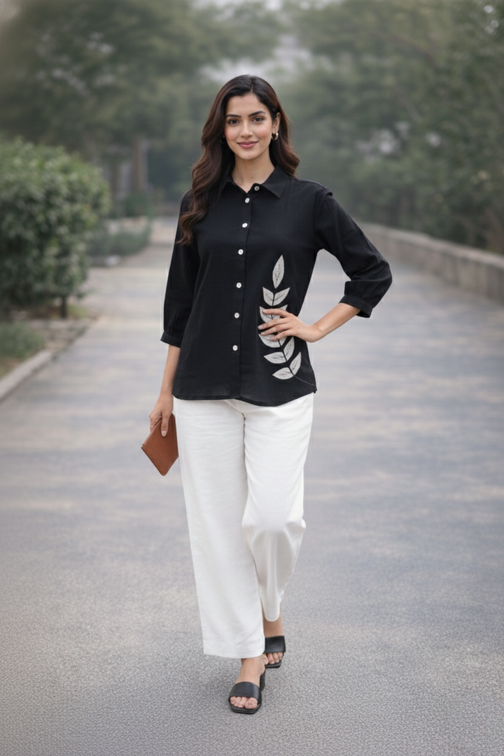 Anvika Onyx Cotton Applique Shirt