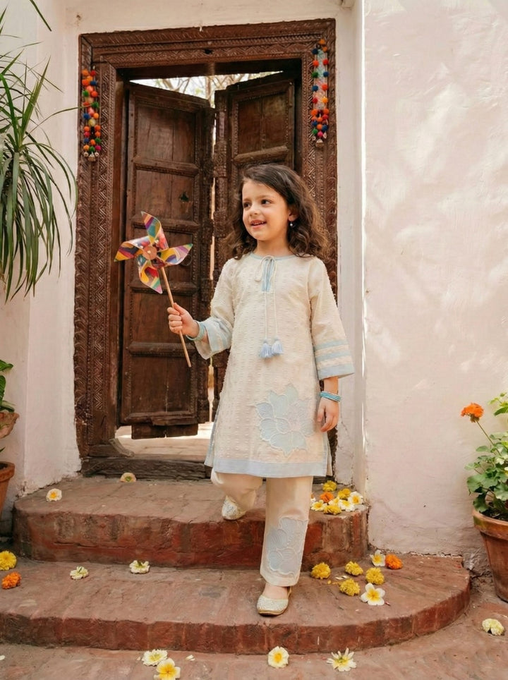 Joy pearl embroidery kids kurta pant set