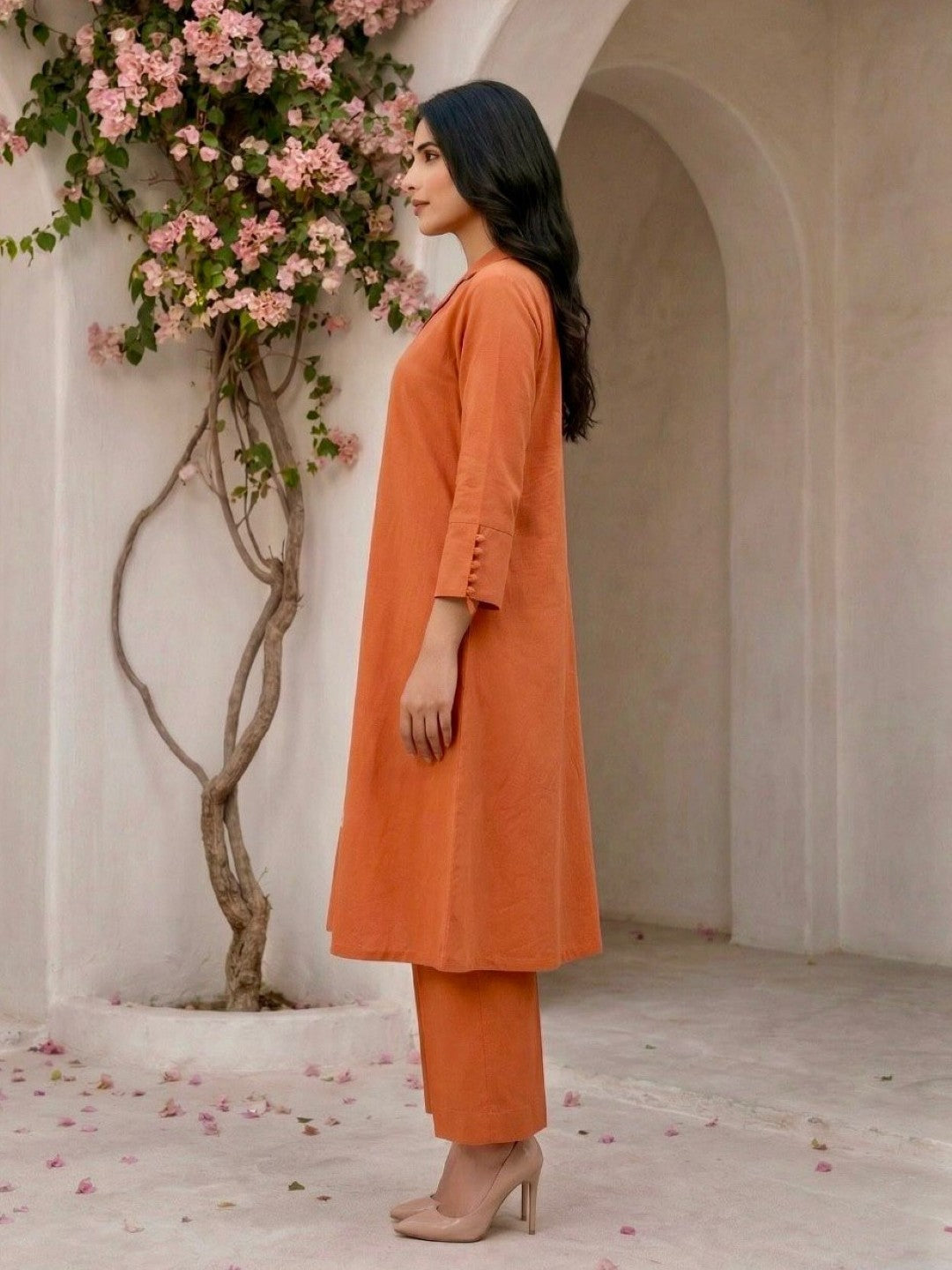 Tanu apricot emboidery cotton kurta pant set