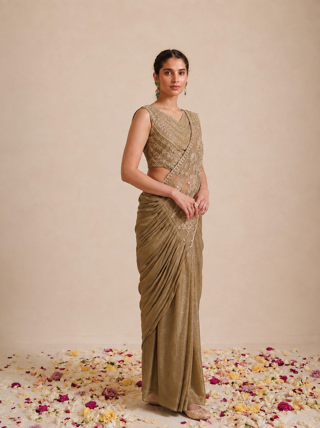 Alpa Caramel Full Work Ready Drape Saree