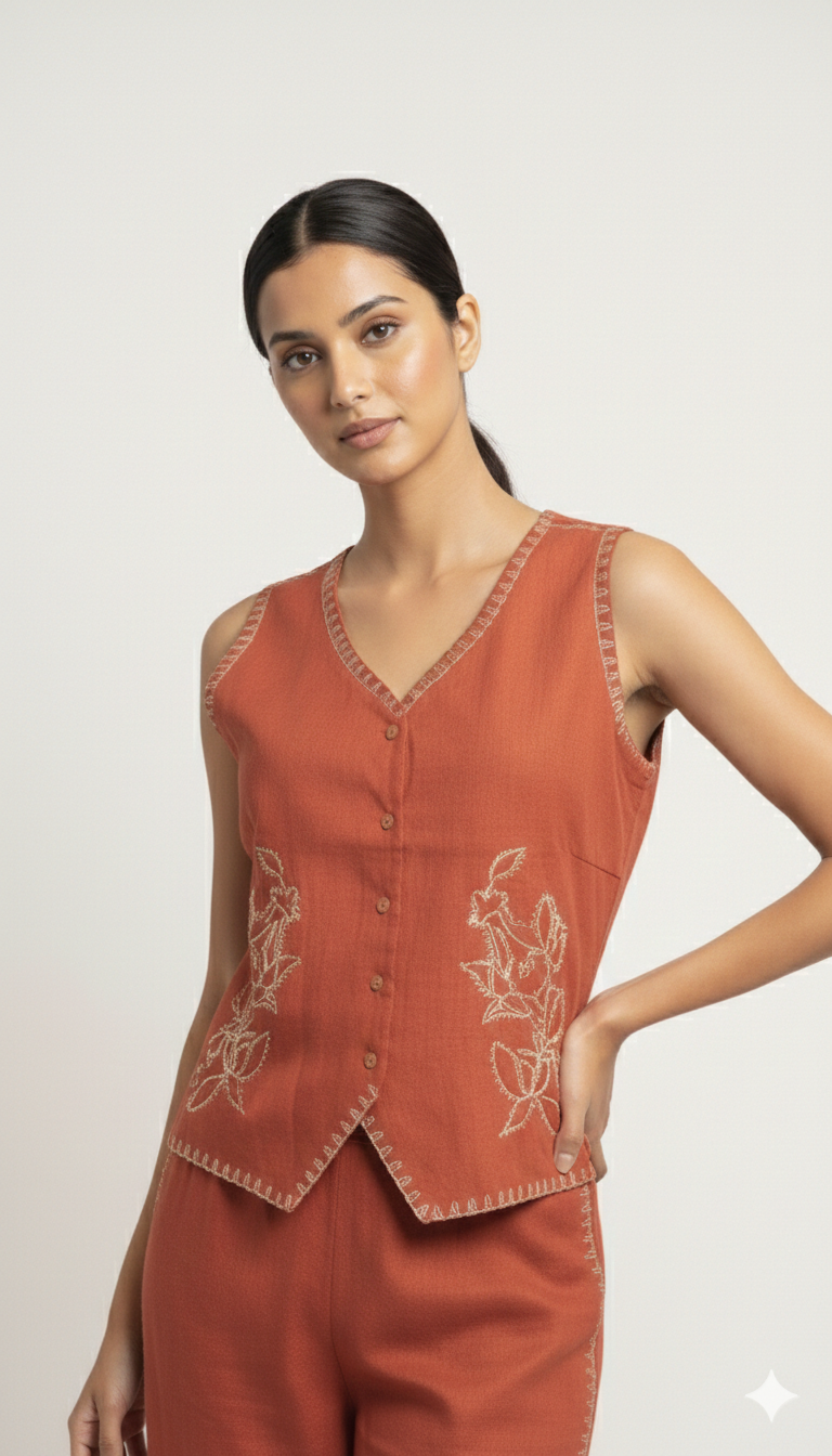 Rushali Coral Embroidered Co-ord Set