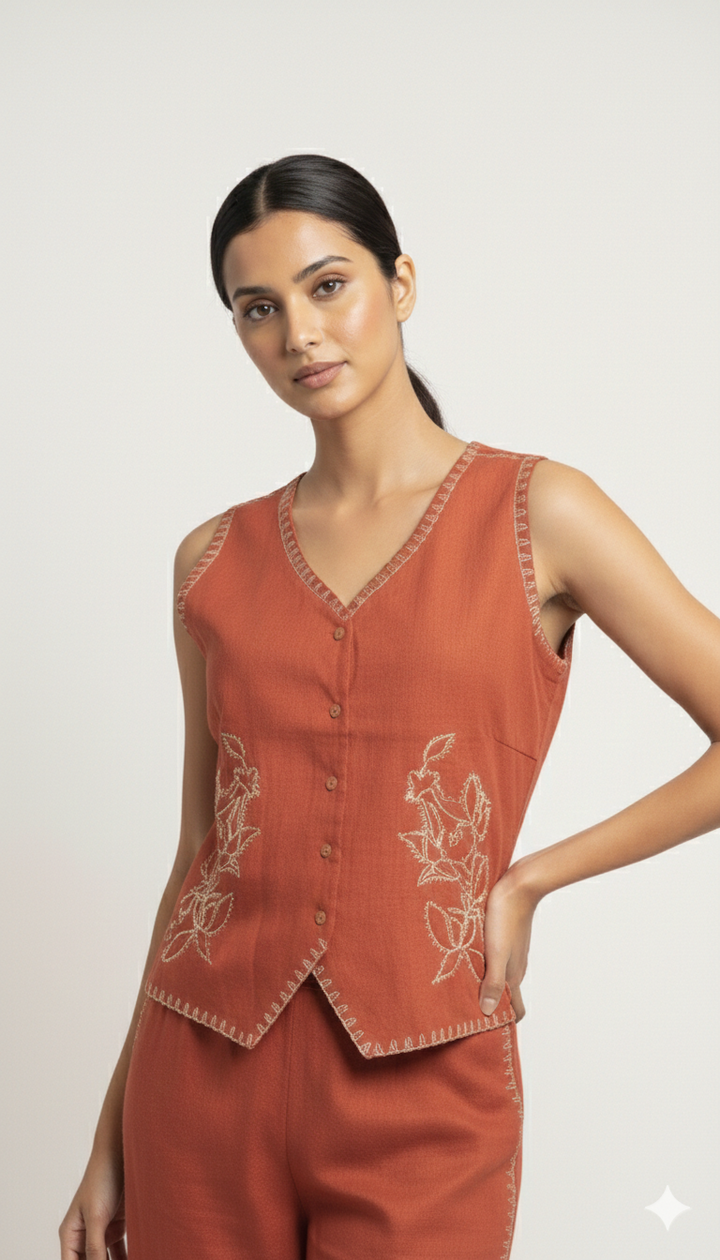 Rushali Coral Embroidered Co-ord Set