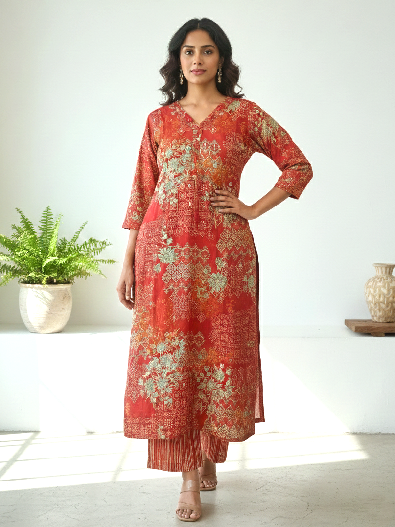 Reet Carmine Printed Work Suit Set