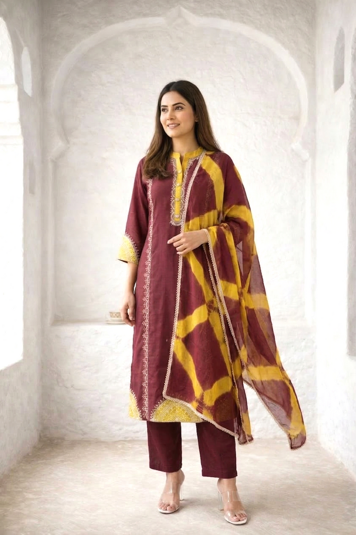 Nabha Wine Printed Work Suit Set
