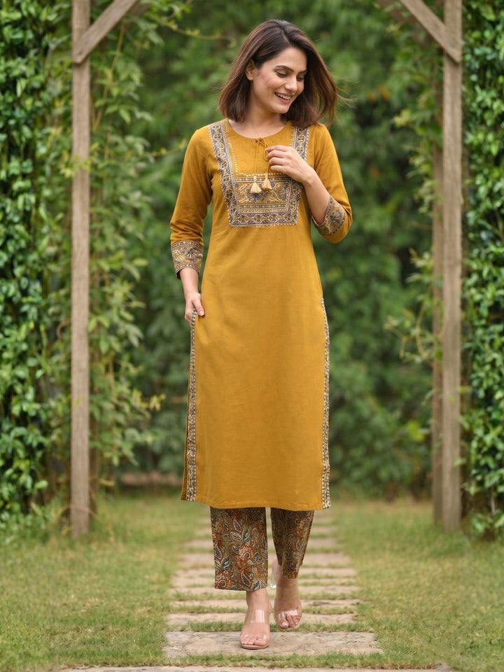 Vairagi Gold Printed Work Cotton Kurta Pant Set