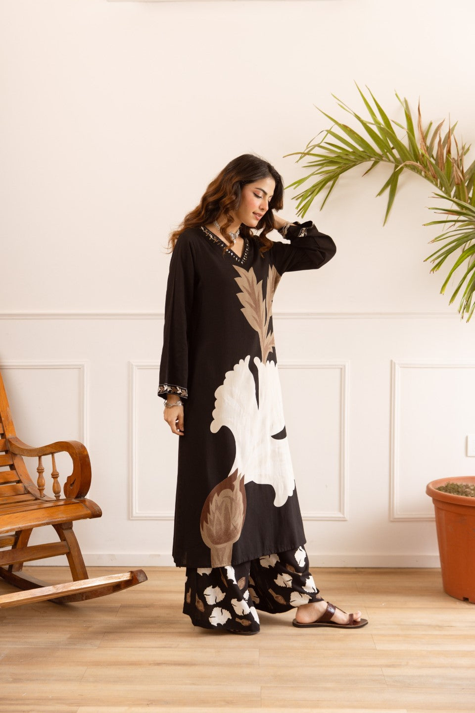 Karen taupe printed cotton kurta pant set