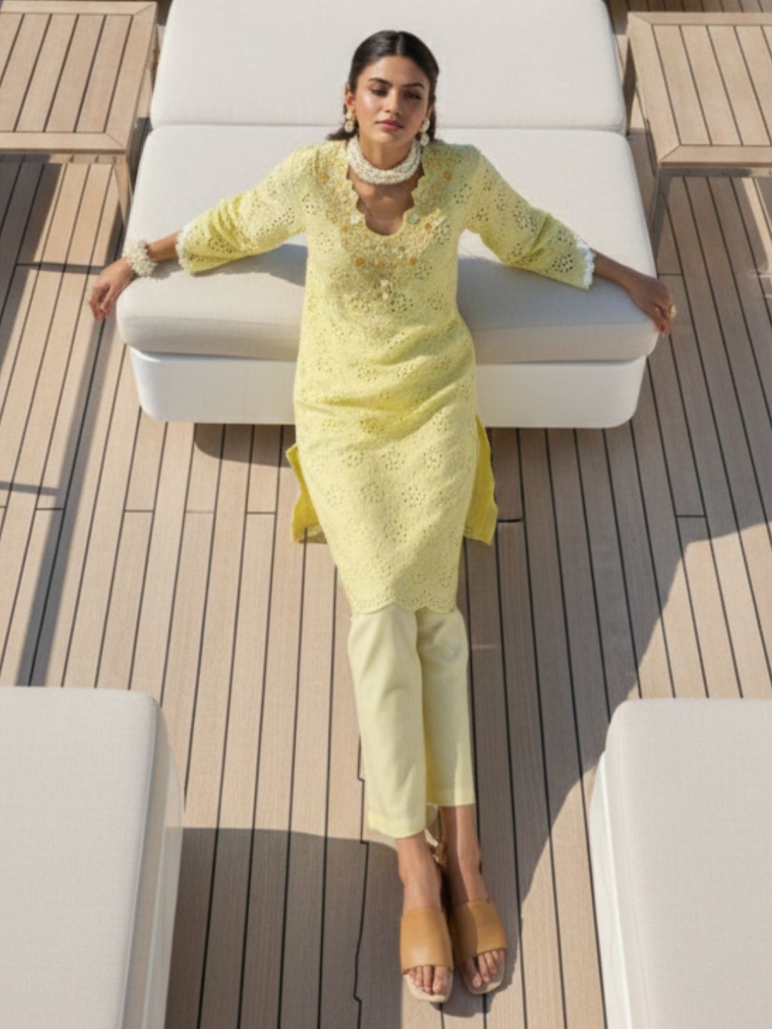 Anumeha Lime schiffli cotton co-ord set