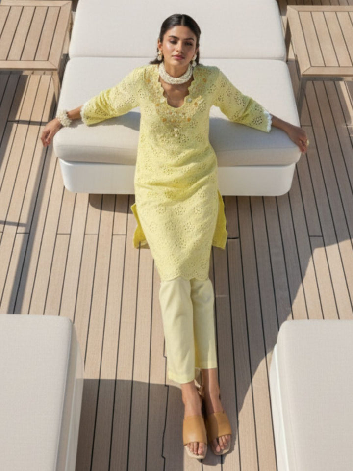 Anumeha Lime schiffli cotton co-ord set