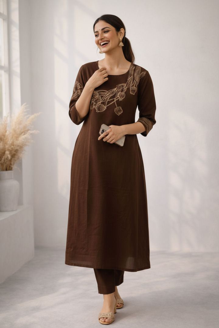 Mishka Coffee Embroidered Kurta Pant Set