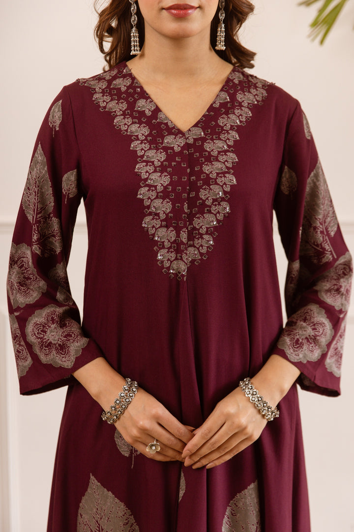 Karen berry wine printed cotton kurta pant set