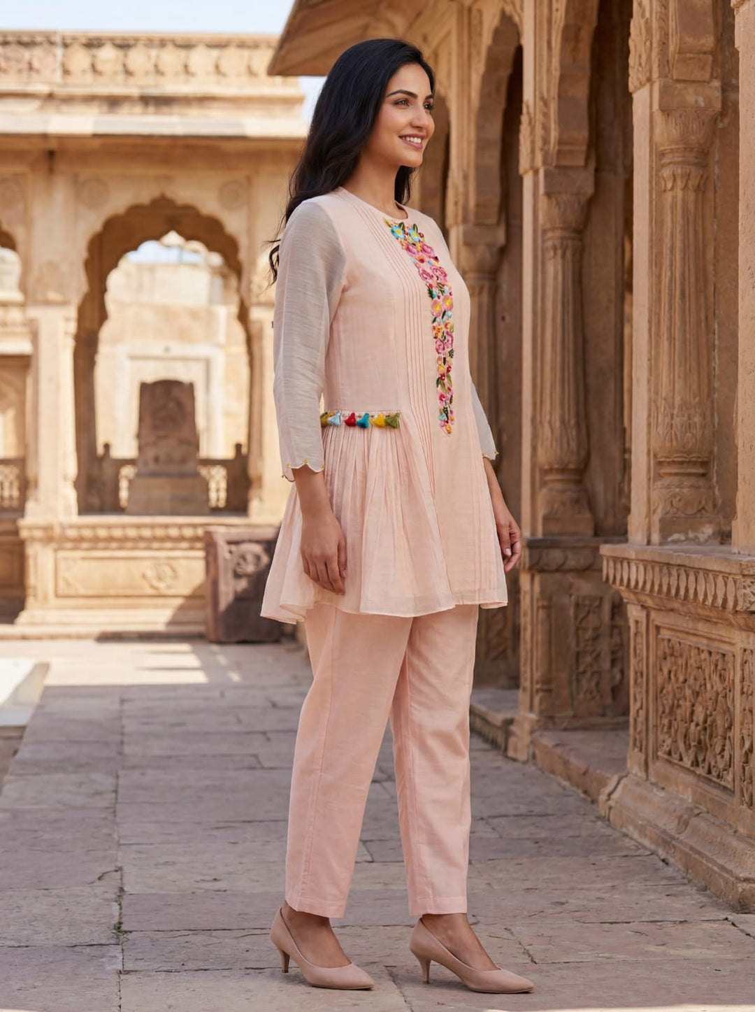 Gaur salmon embroidery cotton co-ord set