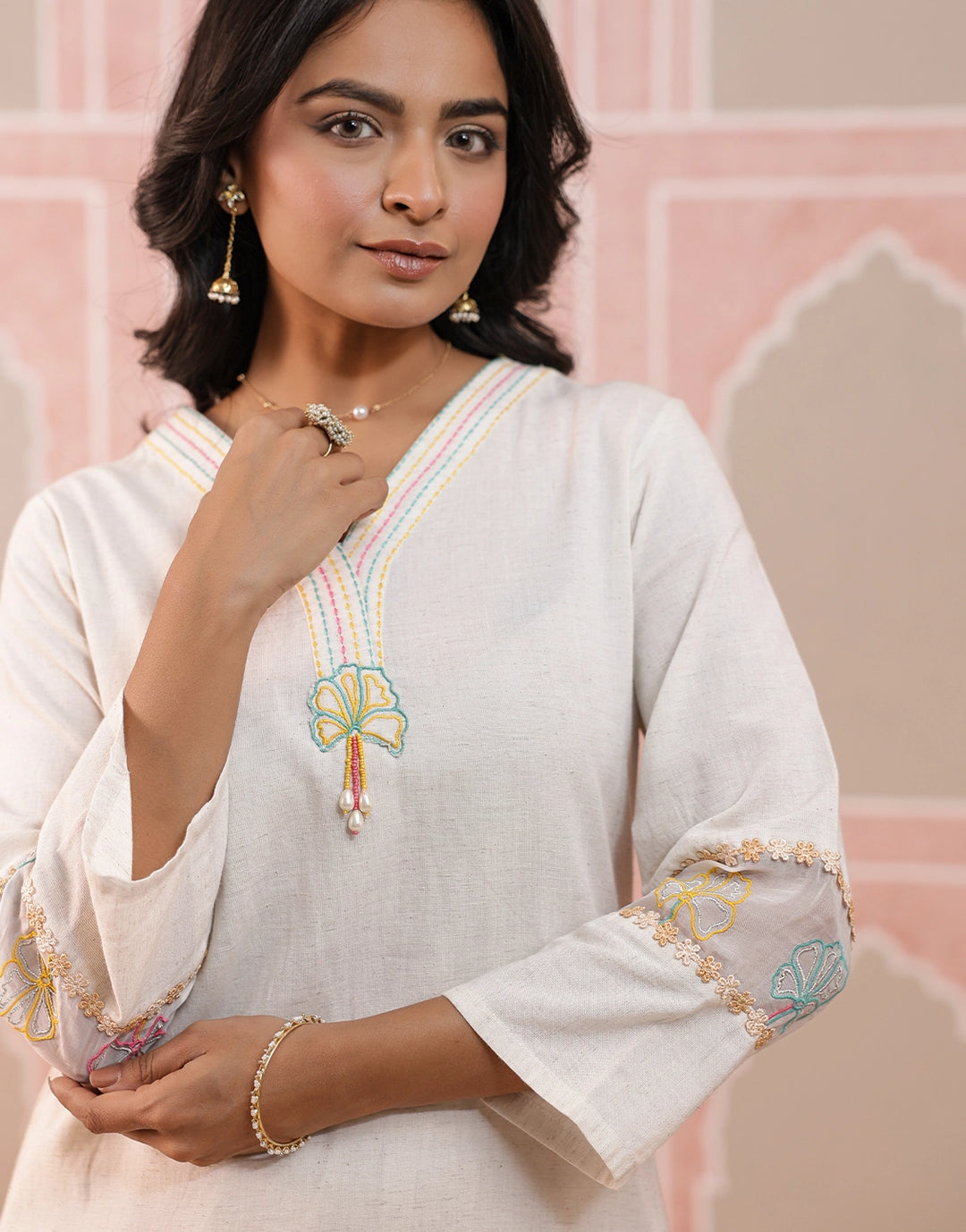 Drona merino embroidery cotton kurta pant set