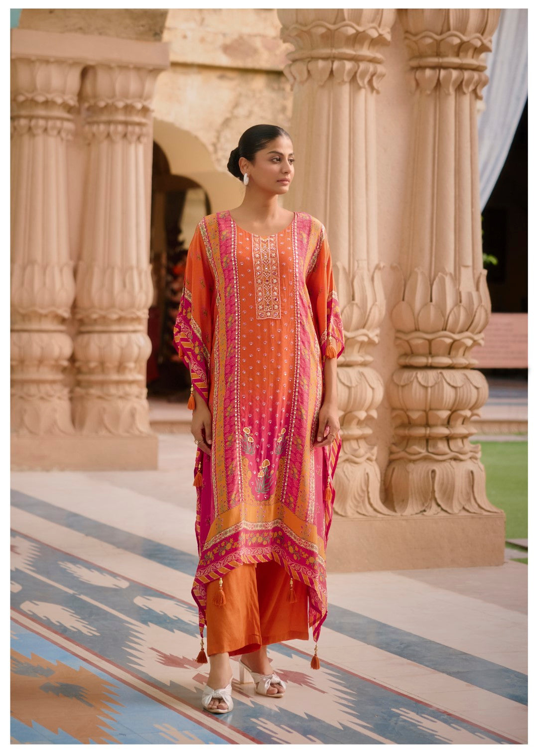 Aster Flamingo Premium Full Work Kaftan Pant Set