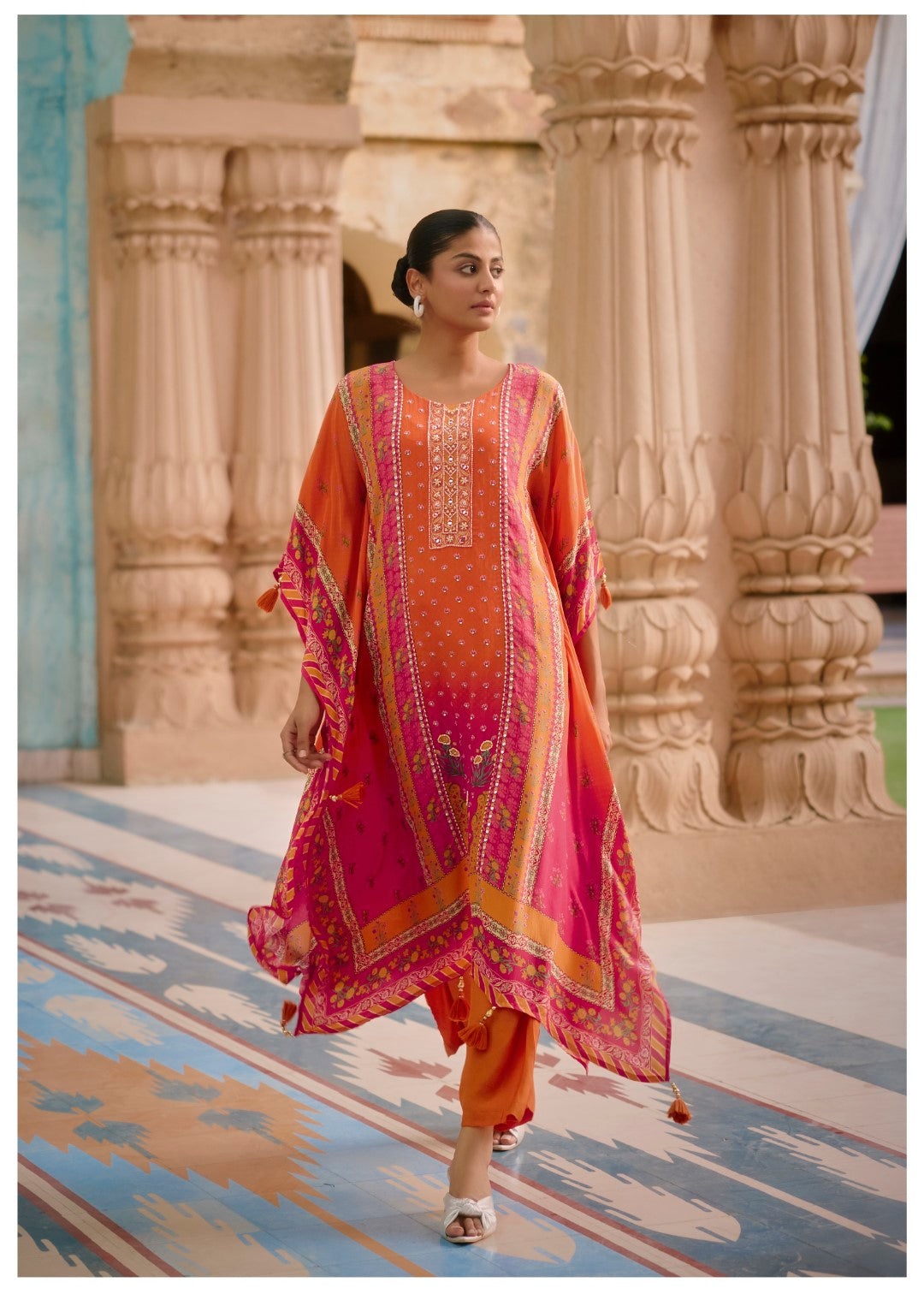 Aster Flamingo Premium Full Work Kaftan Pant Set