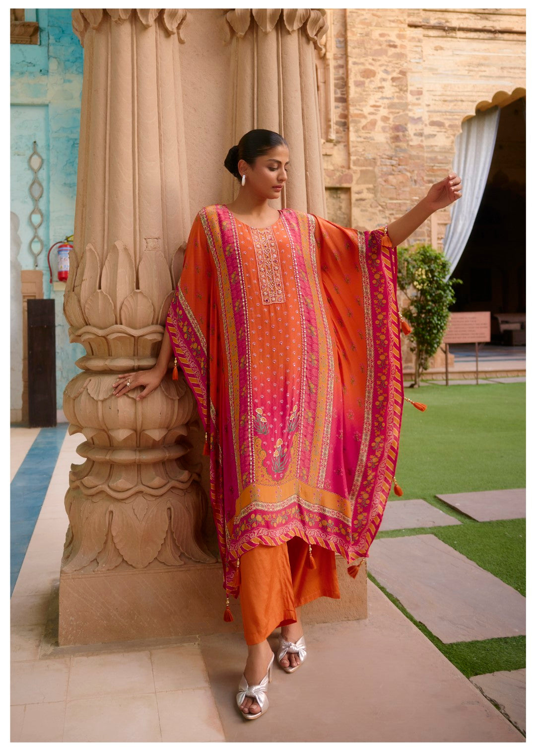 Aster Flamingo Premium Full Work Kaftan Pant Set