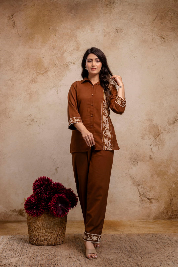 Viyona Mousse Cotton Embroidered Co-ord Set