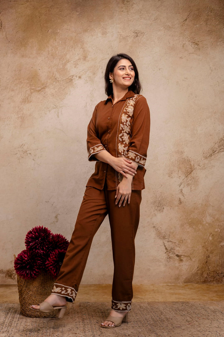 Viyona Mousse Cotton Embroidered Co-ord Set