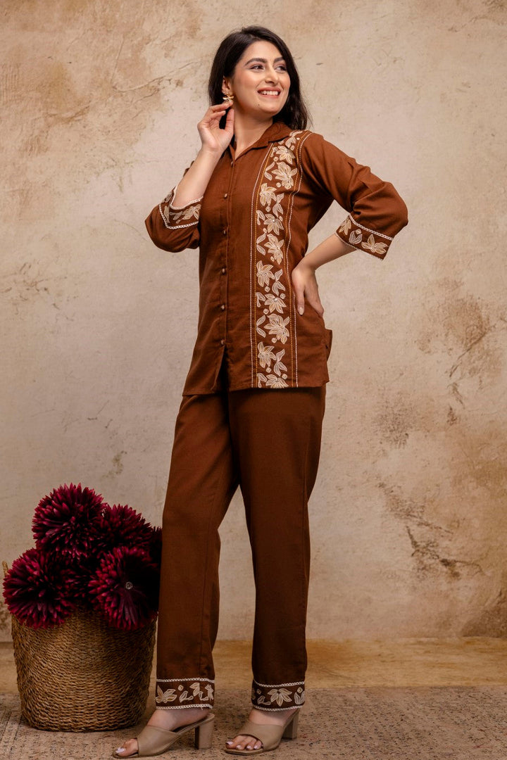 Viyona Mousse Cotton Embroidered Co-ord Set